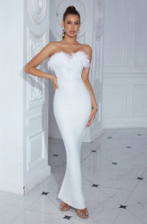 Louisa Strapless Feather Bandage Maxi Dress In White - PDC